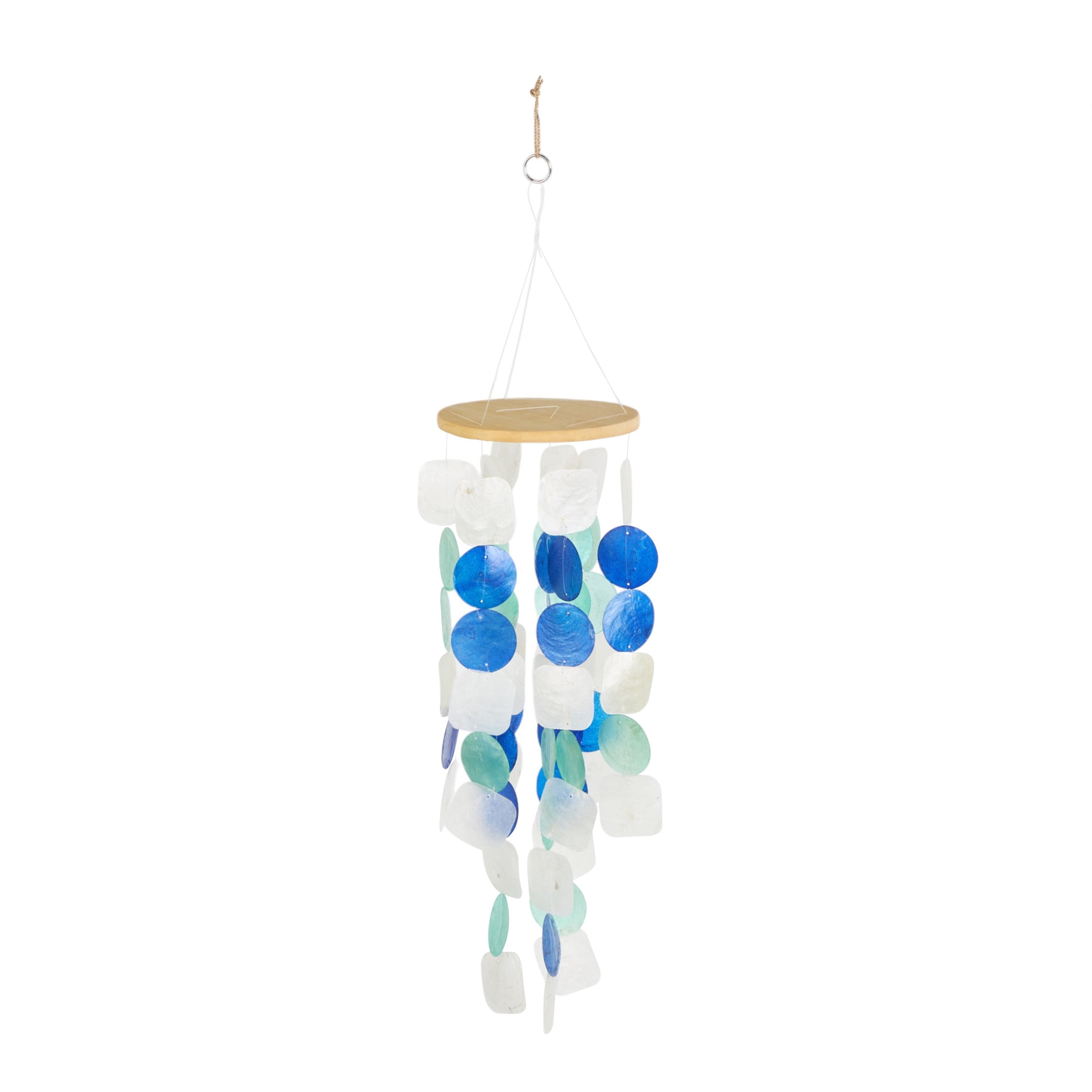 DecMode 5" White Capiz Shell Waterfall Geometric Windchime with Blue and Teal Accents