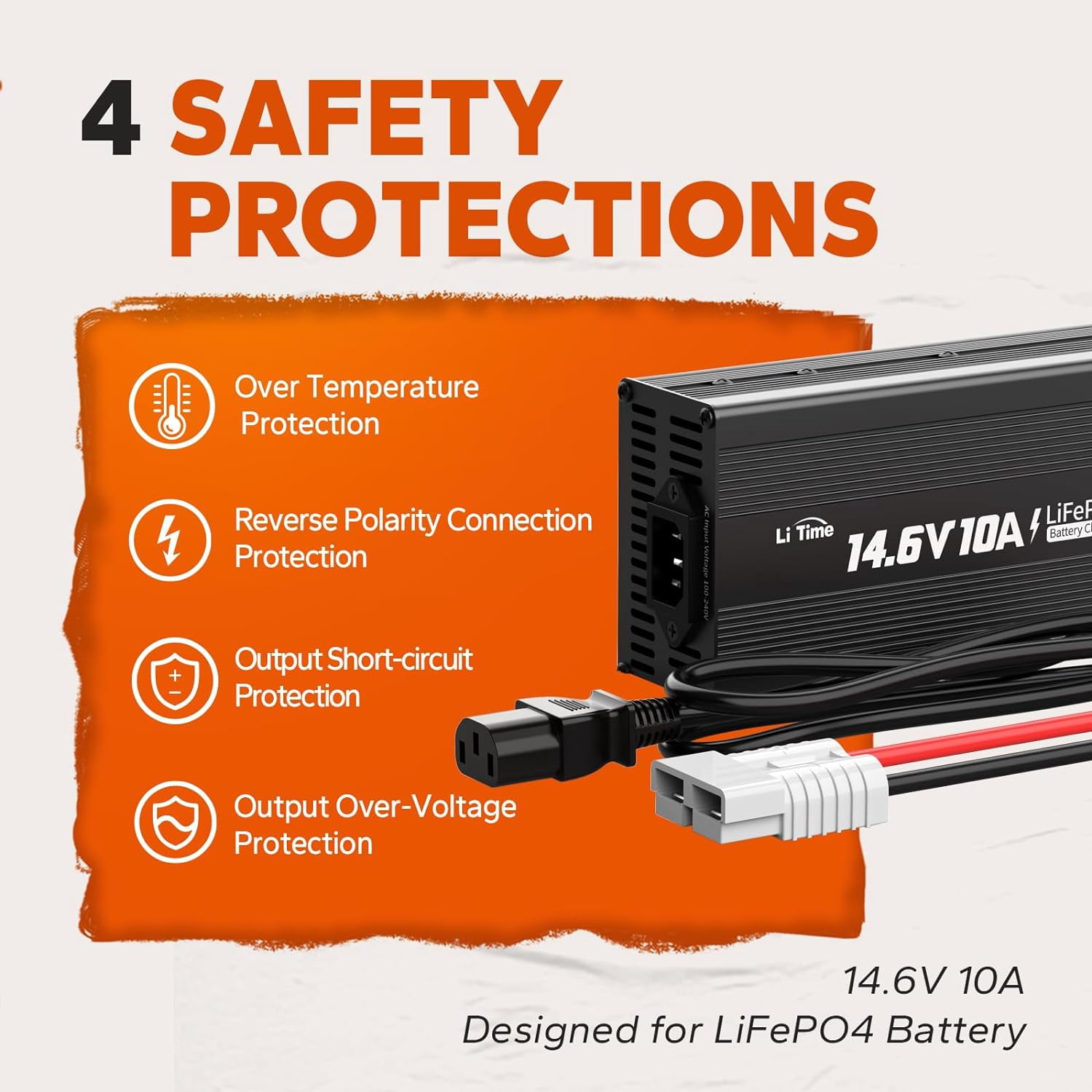 LiTime 10 Amp Lithium Battery Charger 14.6V AC-DC LiFePO4 Lithium Battery Charger with Anderson Connector LED Indicator Charger Special for Deep Cycle Rechargeable Batteries of Car, Truck, Boat, RV