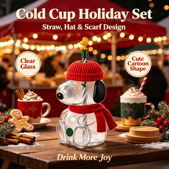 2026 New Snoo.py Glass Cold Cup Tumbler 2026 With Straw, 20oz Removable Red Knit Hat & Scarf, Cute Novelty Glass Cup for Iced Coffee & Cold Drinks