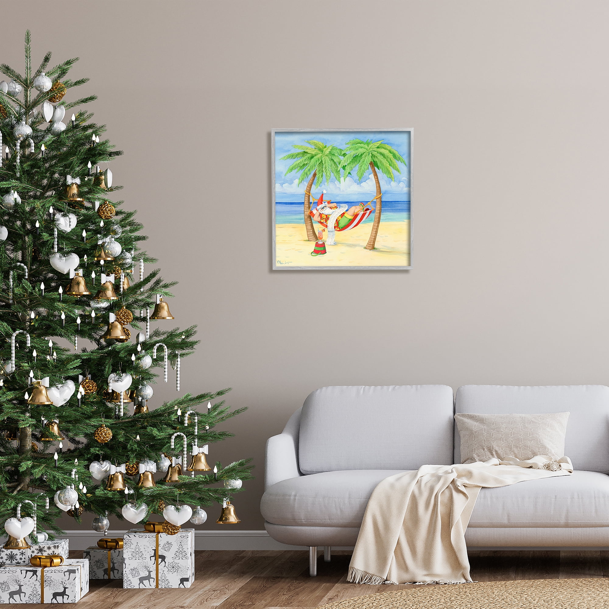 Stupell Industries Santa on Beach Hammock Holiday Painting Gray Framed Art Print Wall Art, 24 x 24