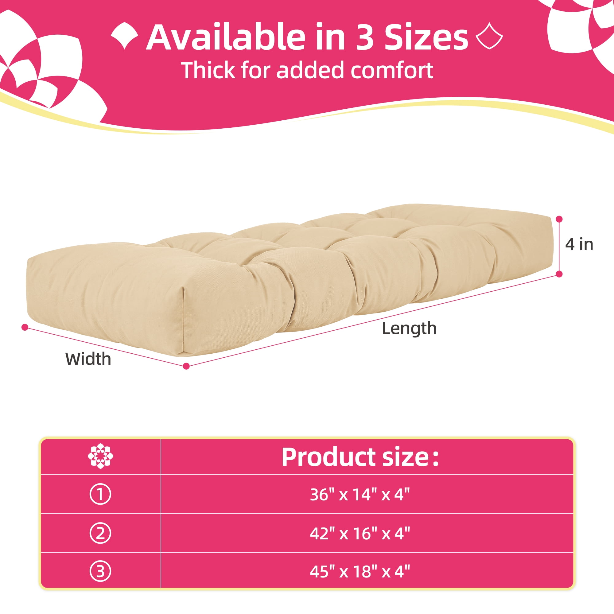 Millsilo Outdoor Bench Cushion 45" x 18" x 4", Waterproof Patio Garden Cushion with Non Slip Bottom, Thick Cushion for Porch Swing & Outdoor Furniture, Beige