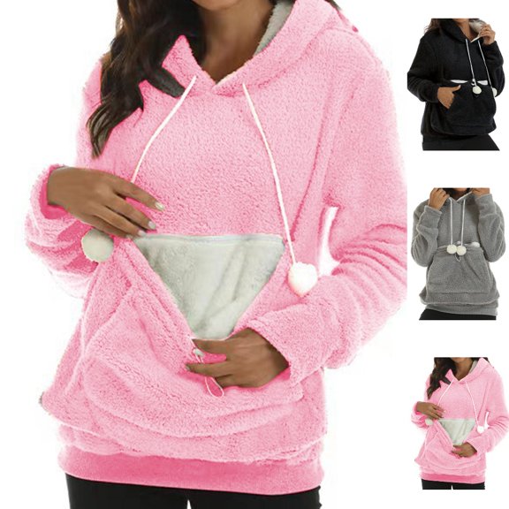 Bmisegm Women's Fashion Hoodies & Sweatshirts Autumn Winter Thick Hoodie Large Pocket Solid Color Pet Hoodie Sweatshirt Womens Sweatshirts