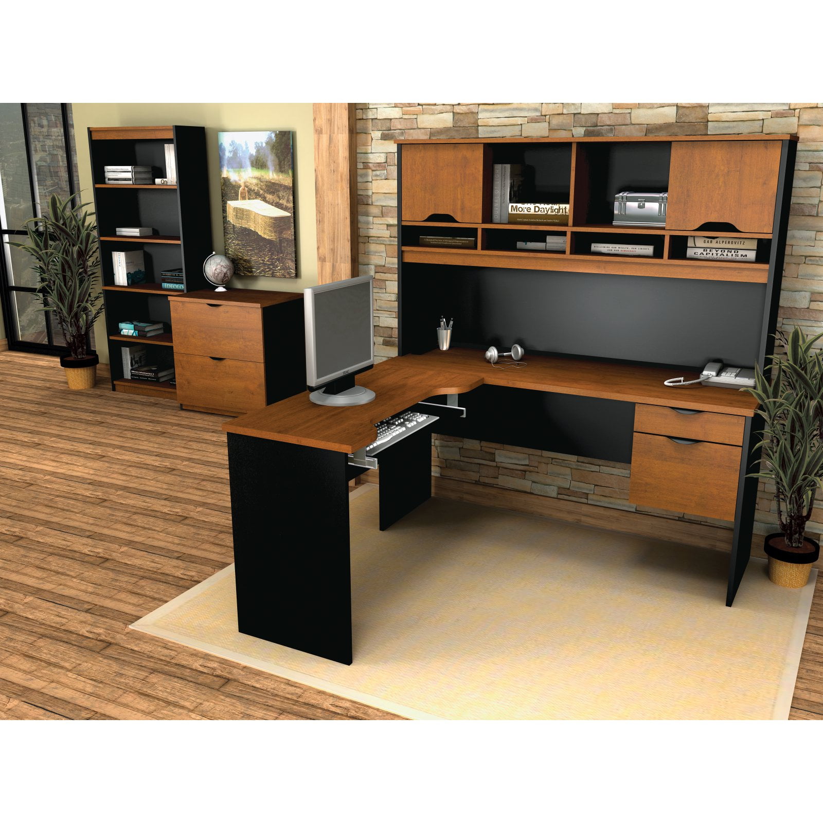 Innova L-shaped desk with accessories in Tuscany Brown &amp; Black