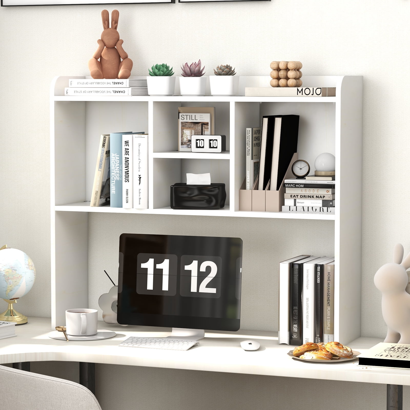 Desktop Bookshelf, Office Desktop Shelf, Wood Desk Hutch for Computer Desk, Adjustable Display Rack, Multipurpose Desktop Bookshelf Storage Organizer, White