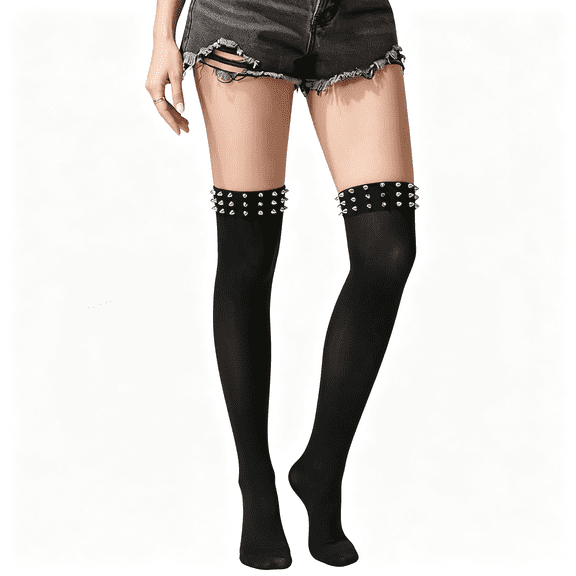 TELOLY Women Thigh High Socks Y2K Punk Gothic Studded over the Knee Stockings Streetwear Stocking