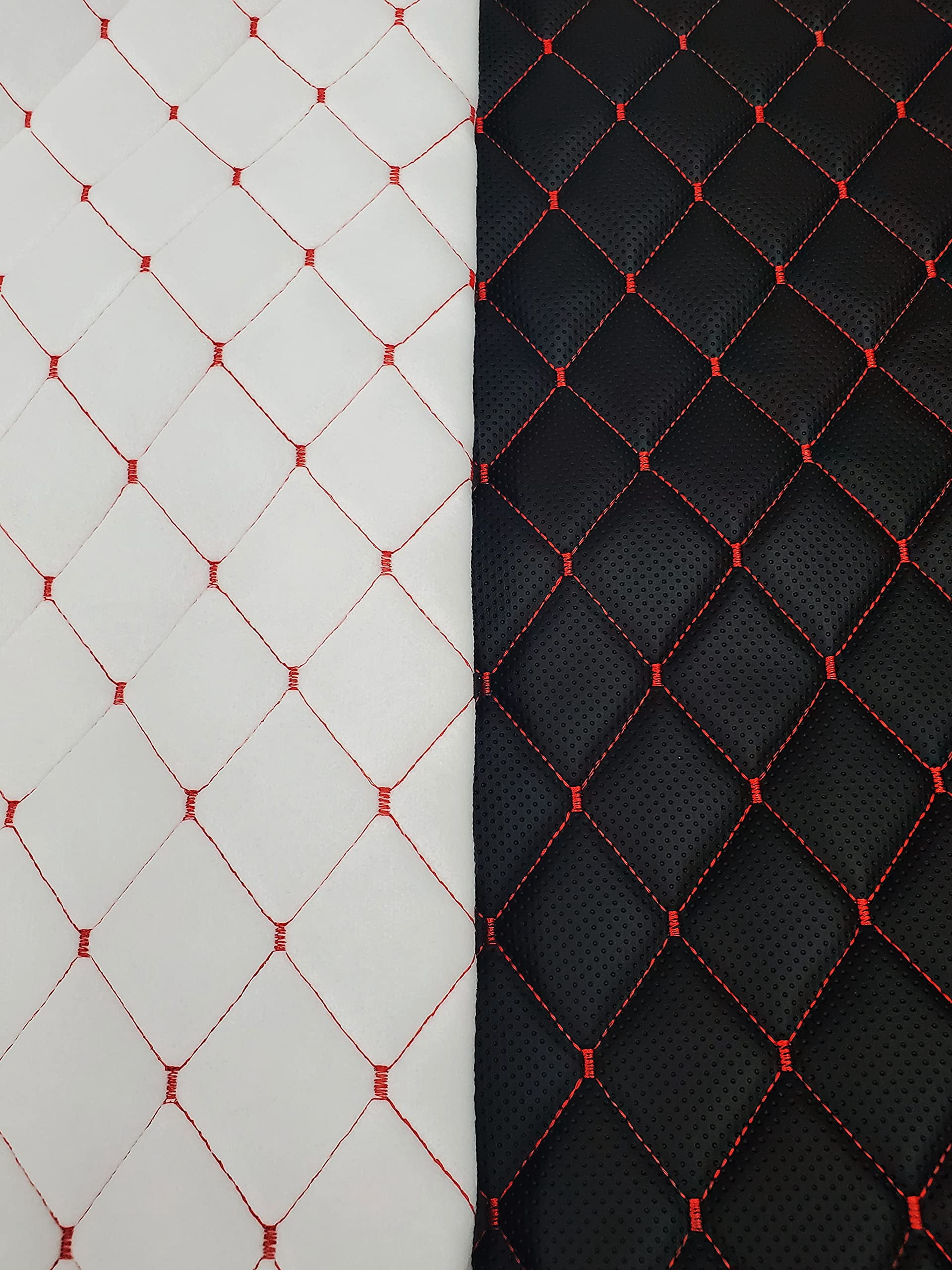 Vinyl Quilted Foam Fabric w 3/8" Foam Backing Upholstery /52" Wide/Continuous Yard/ Automotive Racing Car Interior Boat Furniture DIY Faux Leather (Black Perforated Look Hq Red Thread, Diamond 2"x3")