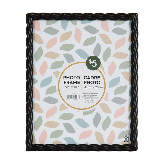 Saltana black braided tabletop picture frame measuring 8 by 10 inches with a multicolored leaf pattern placeholder and $5 price label.