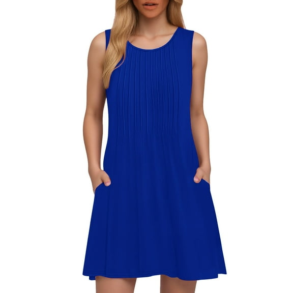 Women's Summer Casual Dress Loose Beach Tank Sleeveless Crew Neck Comfortable Flowy Pocket Dress for Outdoor Womens Casual Trendy Midi Dresses