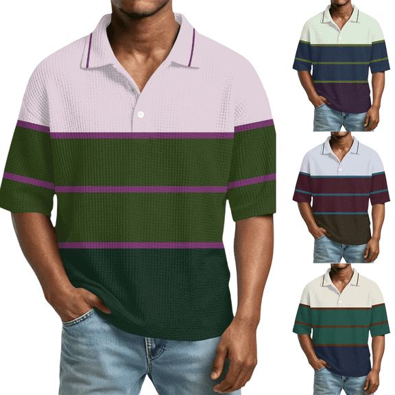 Dresfit Polo Shirts Men Striped Waffle Knit Golf Shirts Summer 2026 Loose Short Sleeve T Shirts Lightweight Big and Tall Color Block Beach Shirt 2XL