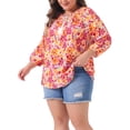 thumbnail image 4 of Agnes Orinda Women's Plus Size School College Self Tie Neck 3/4 Sleeves Floral Colorful Blouse 2X Orange, 4 of 6