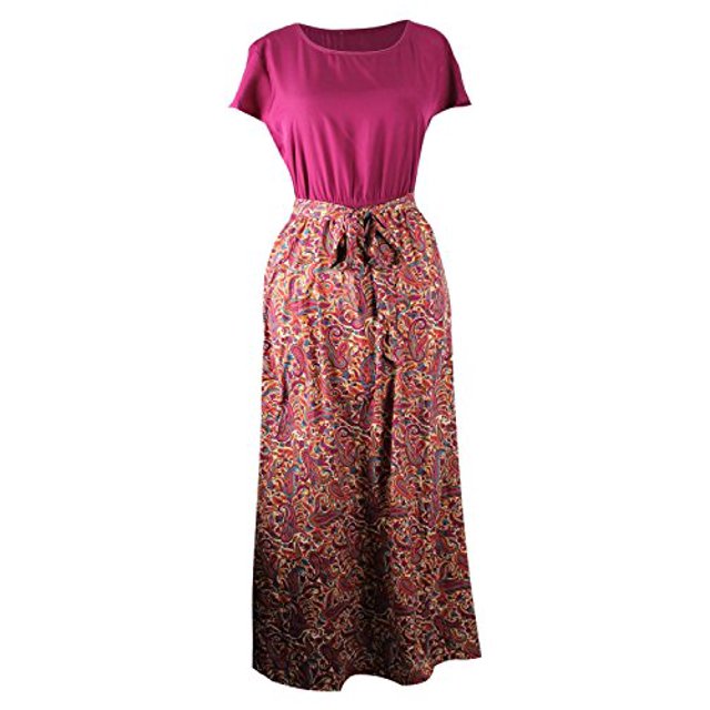 Peach Couture Robe Longue Décontractée à Manches Courtes Imprimé Cachemire pour Femmes (Bourgogne, Moyen)
