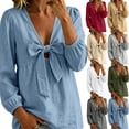 thumbnail image 2 of Womens Bow Tie Cotton Linen Babydoll Tops Lightweight Casual Trendy Fall Long Sleeve French Style Blouse Blue S-2XL, 2 of 7