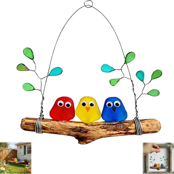 Colorful Sea Glass Bird Perch, Sea Glass Bird Wall Art - Handmade Colorful Birds on Driftwood Branch, Coastal Ocean Decor for Indoor Windows, Unique Gift for Nature Lovers & Mom (3 Birds)