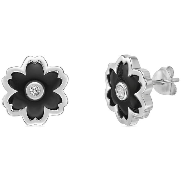 Black Onyx 6 Petal Flower Stud Earrings for Women in 925 Sterling Silver with White Sapphire Push Back Studs by Lavari Jewelers