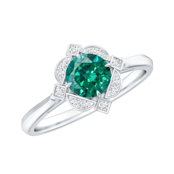Rosec Jewels Lab Grown Emerald Vintage Inspired Ring with Diamond for Women - AAAA Grade, 925 Sterling Silver, US 4.00