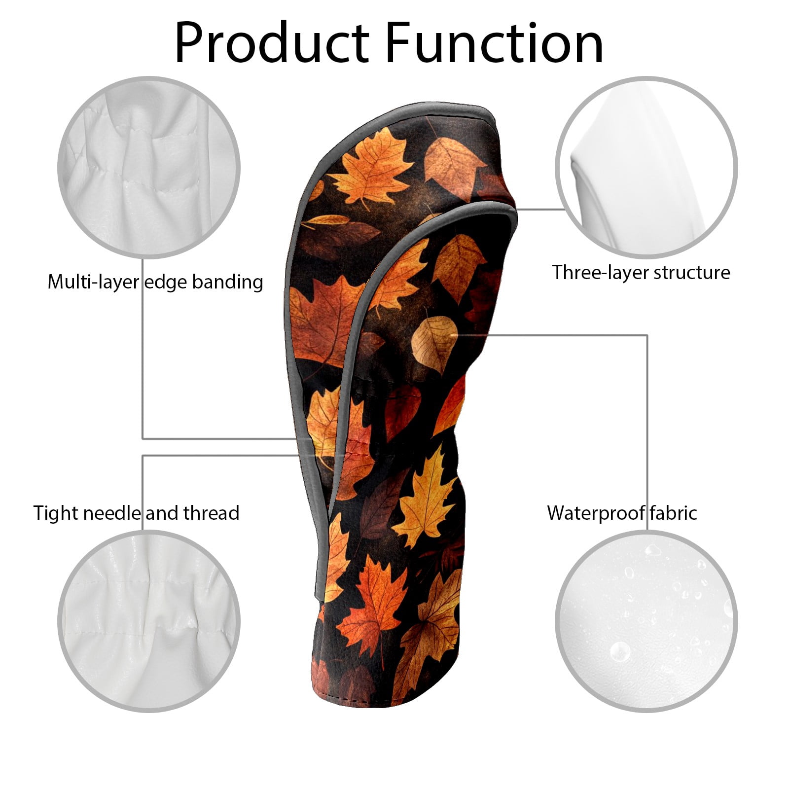 Golf Club Covers PU Leather Waterproof Head Covers for Fairway Woods Hybrids Maple Leaf Pattern Unisex Fits Most Brands