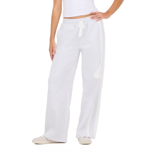 Forever 21 Women's Grey Low-Rise Sweatpant, Wide-Leg with Lace & Stripe Trim,XS