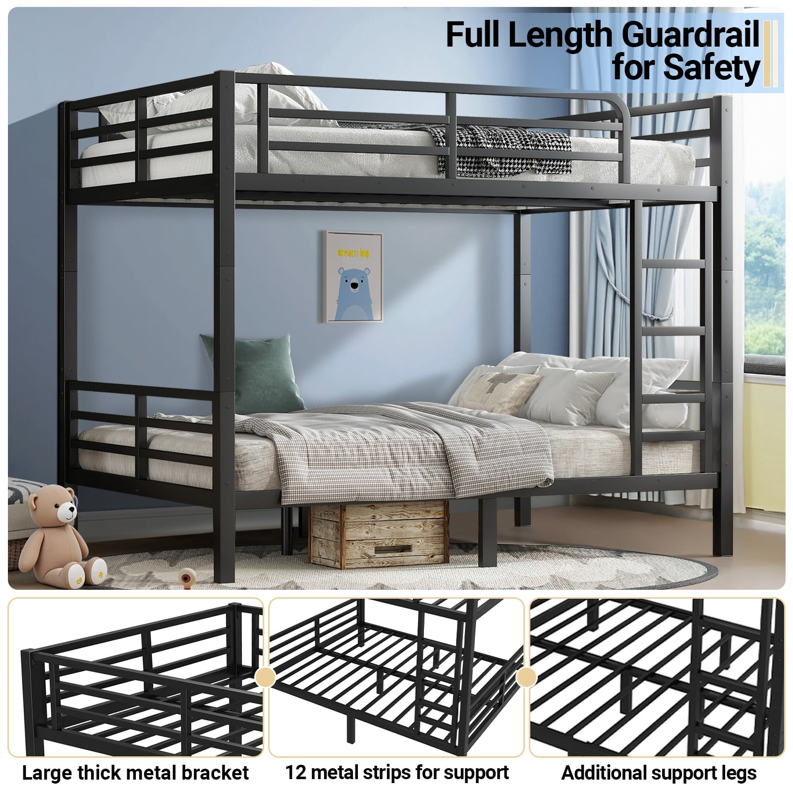 Miniyam Full over Full Metal Bunk Bed Frame with Dual Guardrails and Ladders, Heavy-Duty Quiet Design, Black