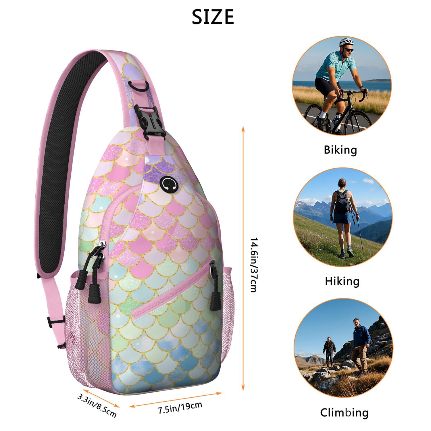 Watercolor Rainbow Gradient Travel Daypack Geometric Abstract Sling Bag Lightweight Durable Chest Backpack for Biking, Hiking, Casual Urban Use