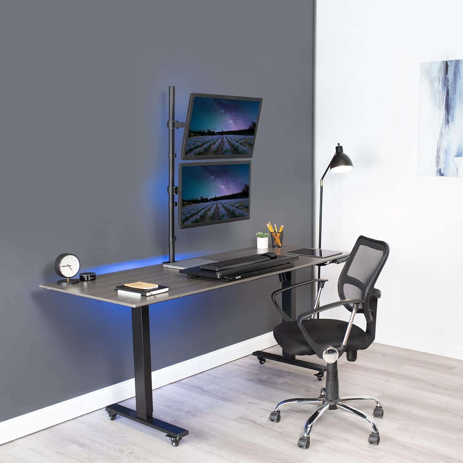 Tall Vertically Stacked Dual Monitor Desk Mount Stand with 39 inch Stand- Pole, Fully Adjustable Extended Arms, Fits 2 Screens  to 27 inches, STAND-V012T