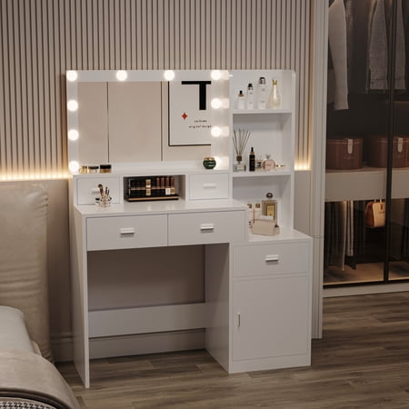 Kumix Newly Designed Smart Mirror Dressing Table with Drawers and Storage Cabinet, Dressing Table with Dressing Pad for Bedroom, Dressing Room, White
