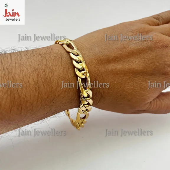 Jain Jewellers 18 Kt Real Solid Yellow Gold Curb Link Handmade Men's Bracelet, Casual and Wedding Wear Bracelet for Men ( Item length : 7)