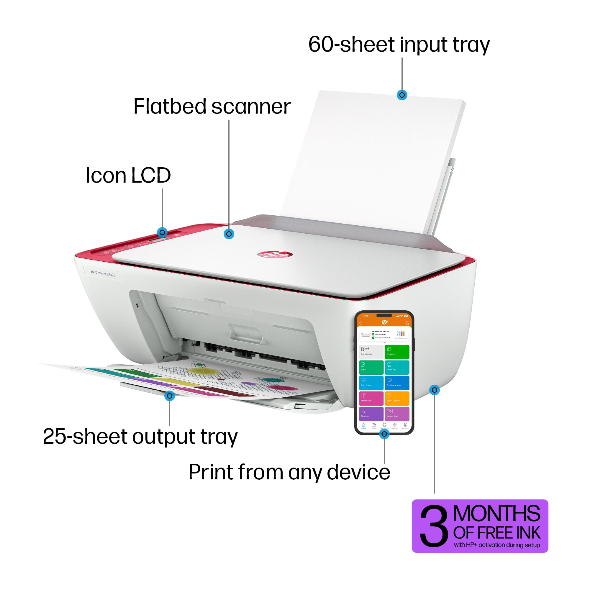 HP DeskJet 2842e (Red) Wireless All-in-One Color Inkjet Printer, Scanner, Copier, 3 Mos. Free Ink
