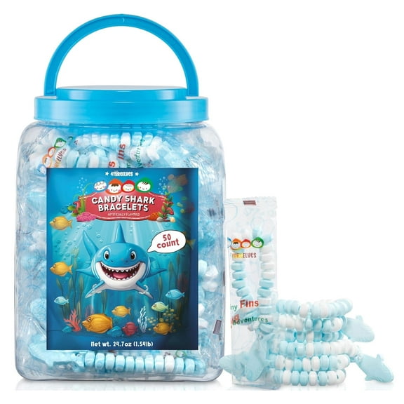 4YoreElves Shark Candy Bracelets, Individually Wrapped, 50 Count Tub