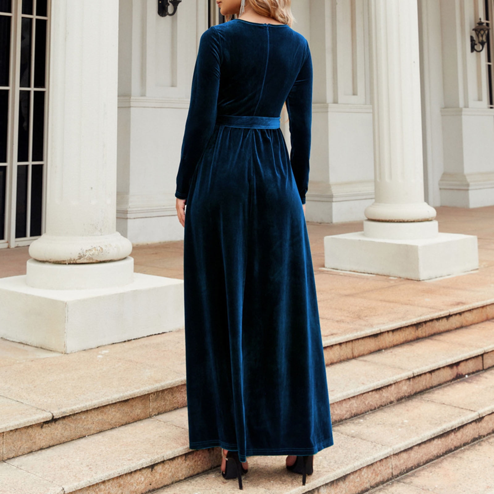 JGGSPWM Women's Velvet Maxi Dress High Waisted A Line Skirt Long Sleeves Dresses Dark Blue L