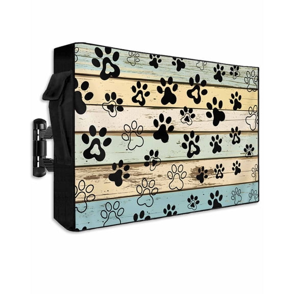 Outdoor TV Cover 52 to 55 Inch Weatherproof, Farmhouse Vintage Waterproof TV Screen Protector for Outside Decor with Zipper and Pocket 52"L x 30"H , Pet Dog Paws Wood Texture Beige Blue
