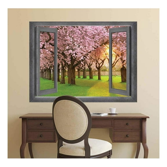 wall26 - Open Window Creative Wall Decor - Peer into a Row of Blossom Trees - Wall Mural, Removable Sticker, Home Decor - 24x32 inches