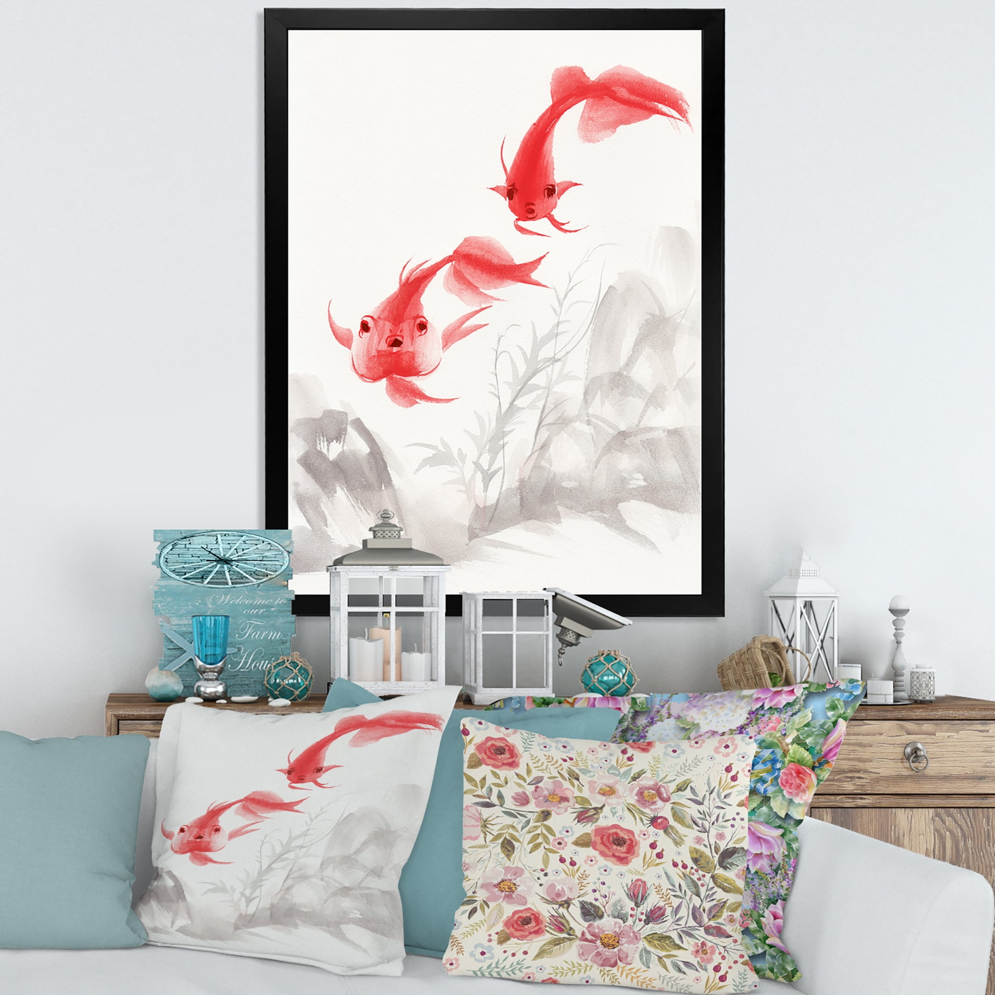 Designart 'Ancient Gold Fishes' Nautical & Coastal Framed Art Print
