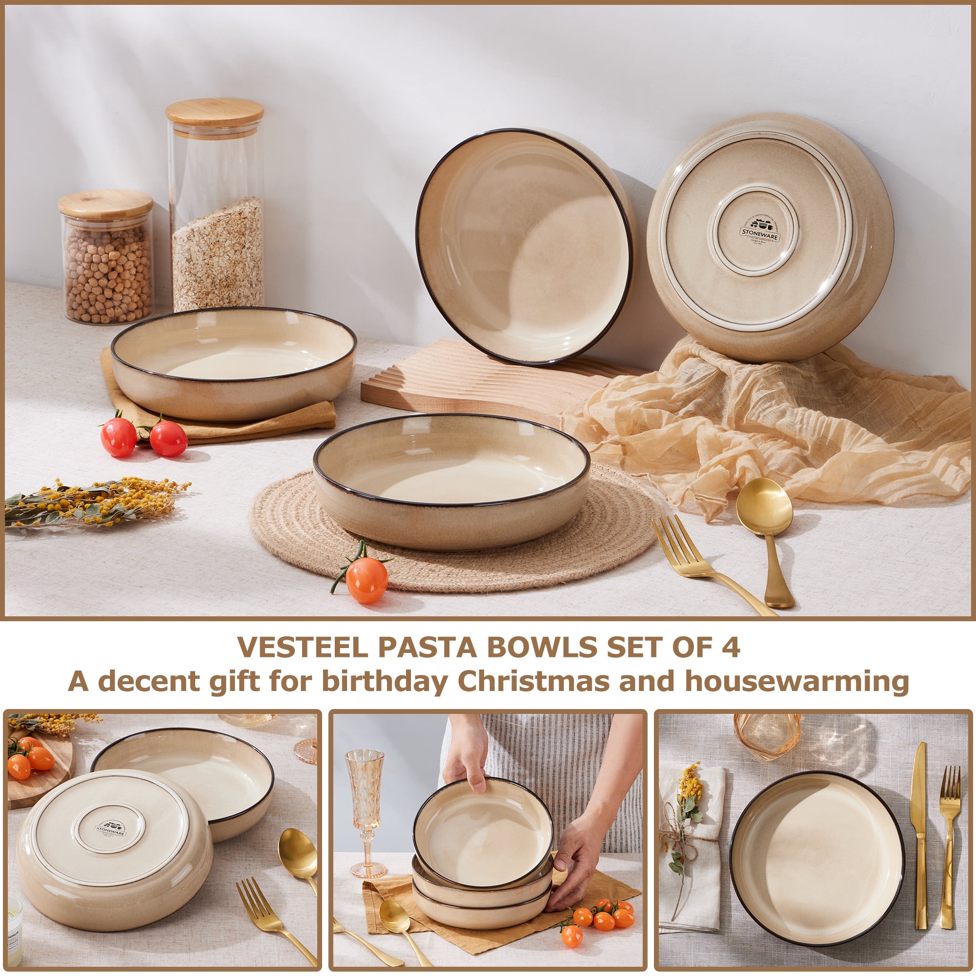 Vesteel Pasta Bowl Set of 4, 22oz Stoneware Salad Pasta Serving