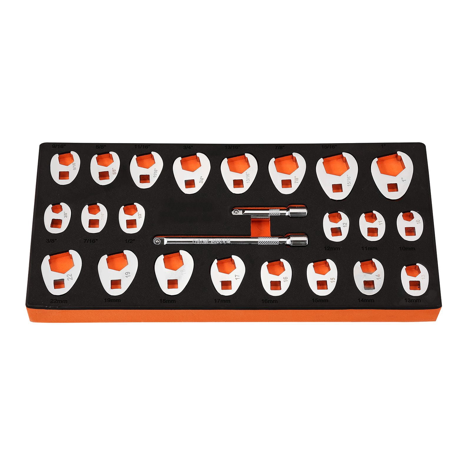 Crowfoot Wrench Set 22-Piece 11 Metric + 11 SAE 3/8" Drive CR-MO Steel Chrome-Plated EVA Tray for Automotive Repair