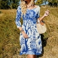 thumbnail image 3 of Blue Chinoiserie Toile Flowers Tree Birds Women's Fall Dresses Casual Loose Flowy Swing Shift Dress, 3 of 9