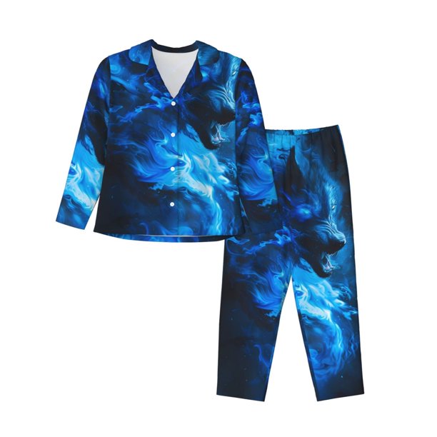 Fotbe Wolf Conjunto de Pijama de Manga Larga para Mujer con Estampado, Ropa de Dormir de 2 Piezas, Conjunto de Casa Suave y Cómodo con Bolsillos-Medium
