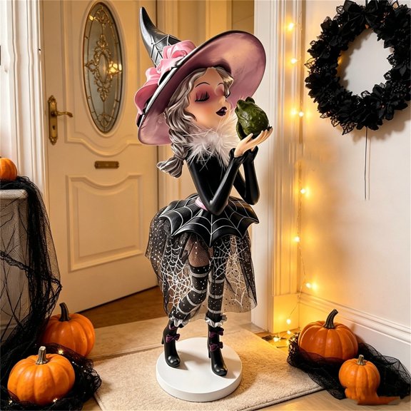 Witch Kissing Frog Figurine Halloween Decorations, Whimsical Resin Witch Statue Goth Decor, Solid Round Stable Base Witch Decorations for Mantel Bookshelf