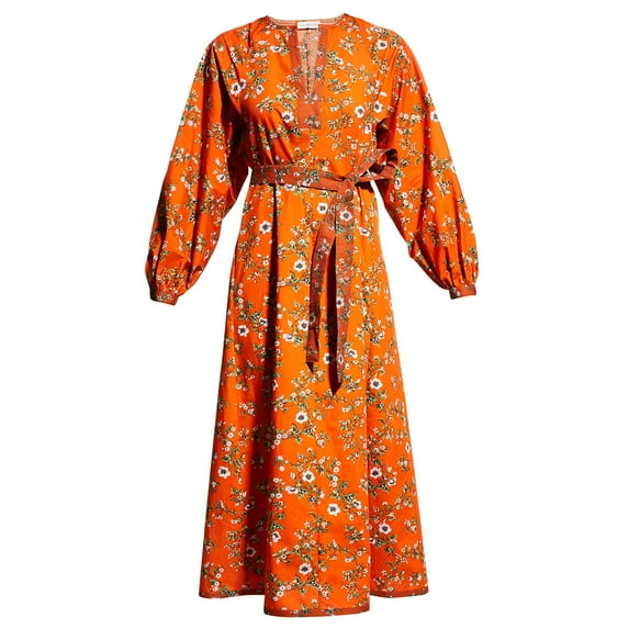 Tory Burch Women's Rust Lyonnaise Floral Printed Tie Sleeve Tunic Midi Dress