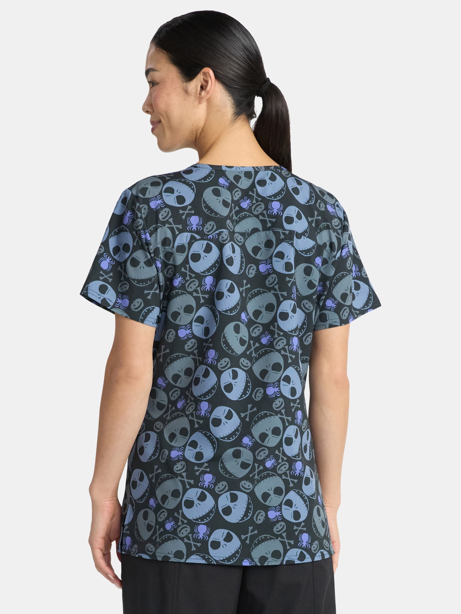 Nightmare Before Christmas Women's Holiday Scrub Top with Short Sleeves, Sizes S-3XL