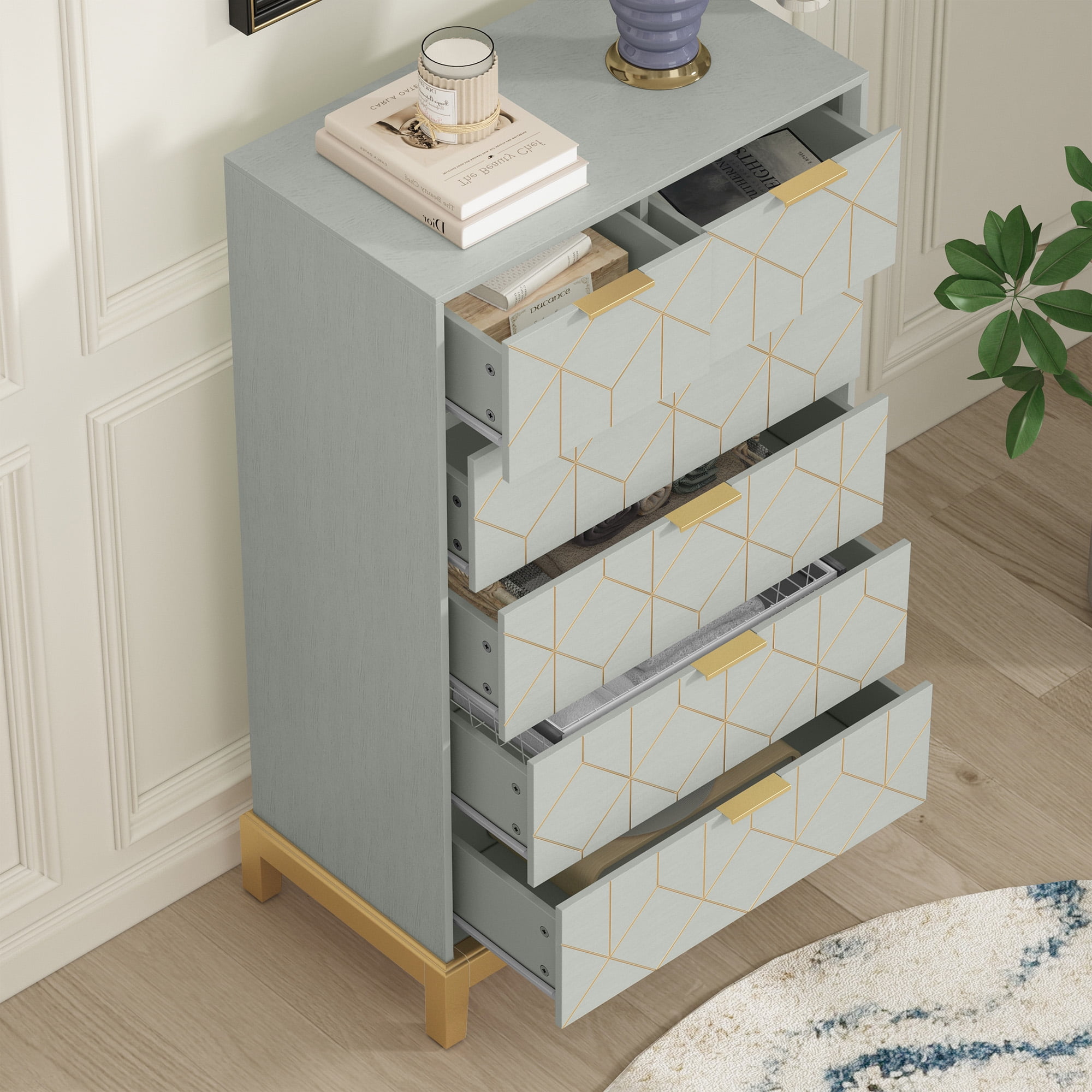 HLR Tall Storage 6-Drawer Modern Chest of Drawers with Gold Trim, Green