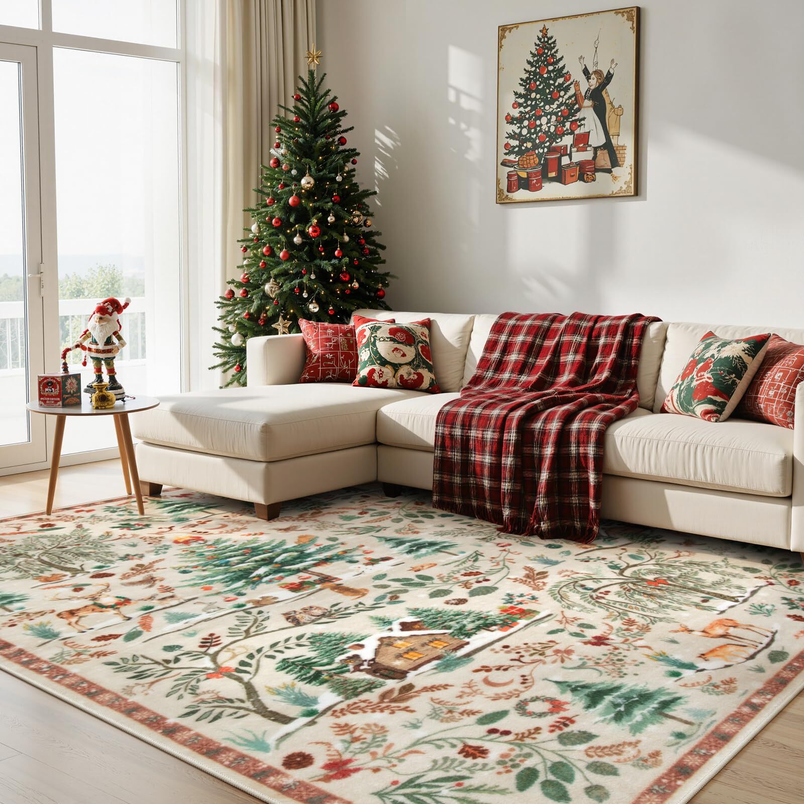 Wonnitar 8x10 Christmas Area Rug, Washable Soft Large Rug for Living Room, Non Slip Low Pile Bedroom Rug Xmas Tree Indoor Floor Carpet for Dining Room Winter Holiday Decor, Beige