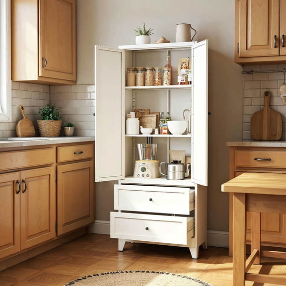 Yardi Yarda 72 Inch White Pantry Cabinet with 2 Drawers, Freestanding Kitchen Storage Cabinet with Adjustable Shelves, Heavy-Duty Organizer for Indoor, White