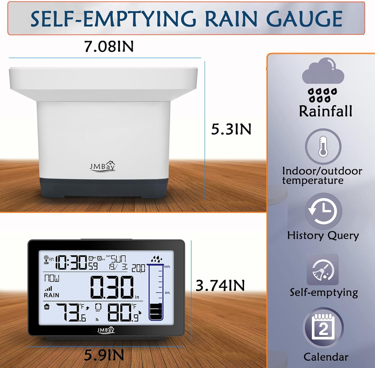 Wireless Digital Rain Gauge with Thermometer, Self-Emptying Rain Collector Monitoring Rainfall,High Precision Remote Rain Gauge Outdoor Indoor for Garden and Yard,Freeze Proof Rain Measure Gauge