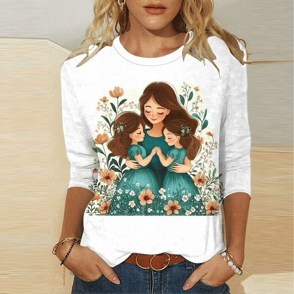 breaise Happy Mothers Day Shirts for Women Casual 3/4 Sleeve Shirts Cute Floral Print Tunic Tops Lightweight Graphic Tee S-3XL Sans frais de transport