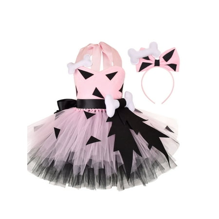 

Girl Kids Halloween Costume Dress Patchwork Halterneck Backless Princess Dress and Bone Headband for Cosplay