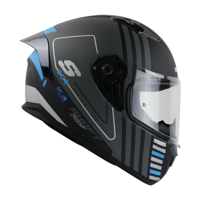 casco shaft sh582sp gris negro mate force cerrado L casco integral lateral derecho, acabado mate gris con gráficos negros y azules, visera transparente cerrada, ventilación superior visible y mentonera definida; indicado para uso urbano y viajes, y también suele emplearse para prácticas de conducción en circuito cerrado.