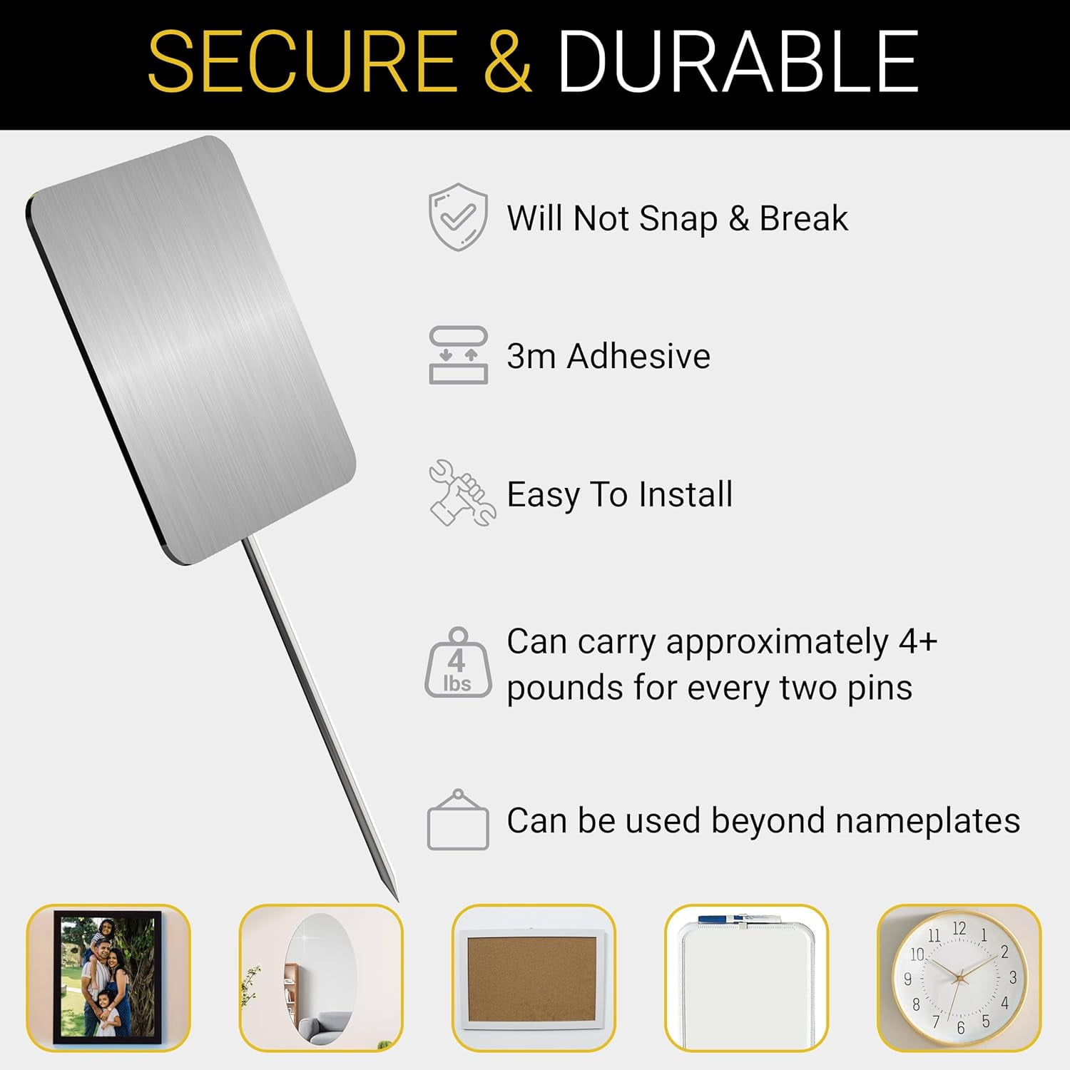 Unbreakable Office Cubicle Pins for Fabric Walls, Heavy Duty Stainless Steel Hanging Pins for Name Plates, Cork Boards, Picture Frames, 3M Adhesive, Pack of 6 12 24 48, Silver