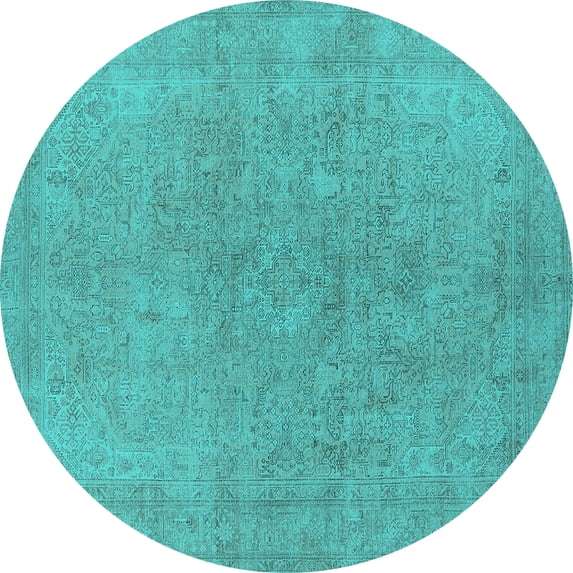 Ahgly Company Machine Washable Indoor Round Oriental Turquoise Blue Industrial Area Rugs, 5' Round