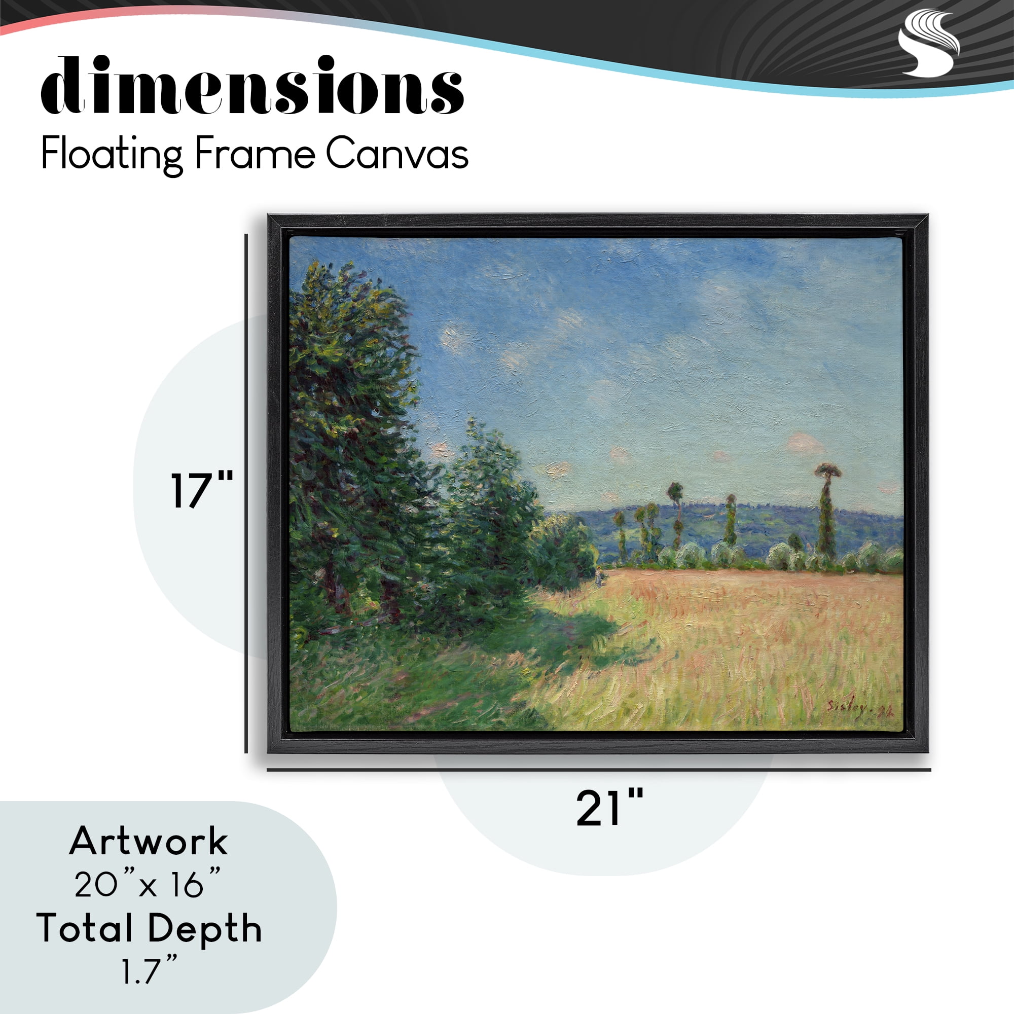 Sahurs Meadows in Morning Sun Black Framed Floater Canvas Wall Art, design by Alfred Sisley