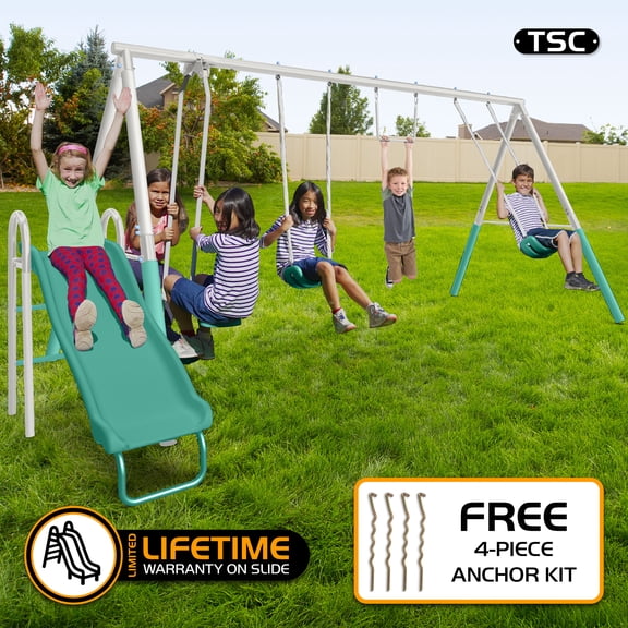 The Swing Company Yonkers Metal Swing Set with Glide Ride Trapeze Bar and 5' Slide